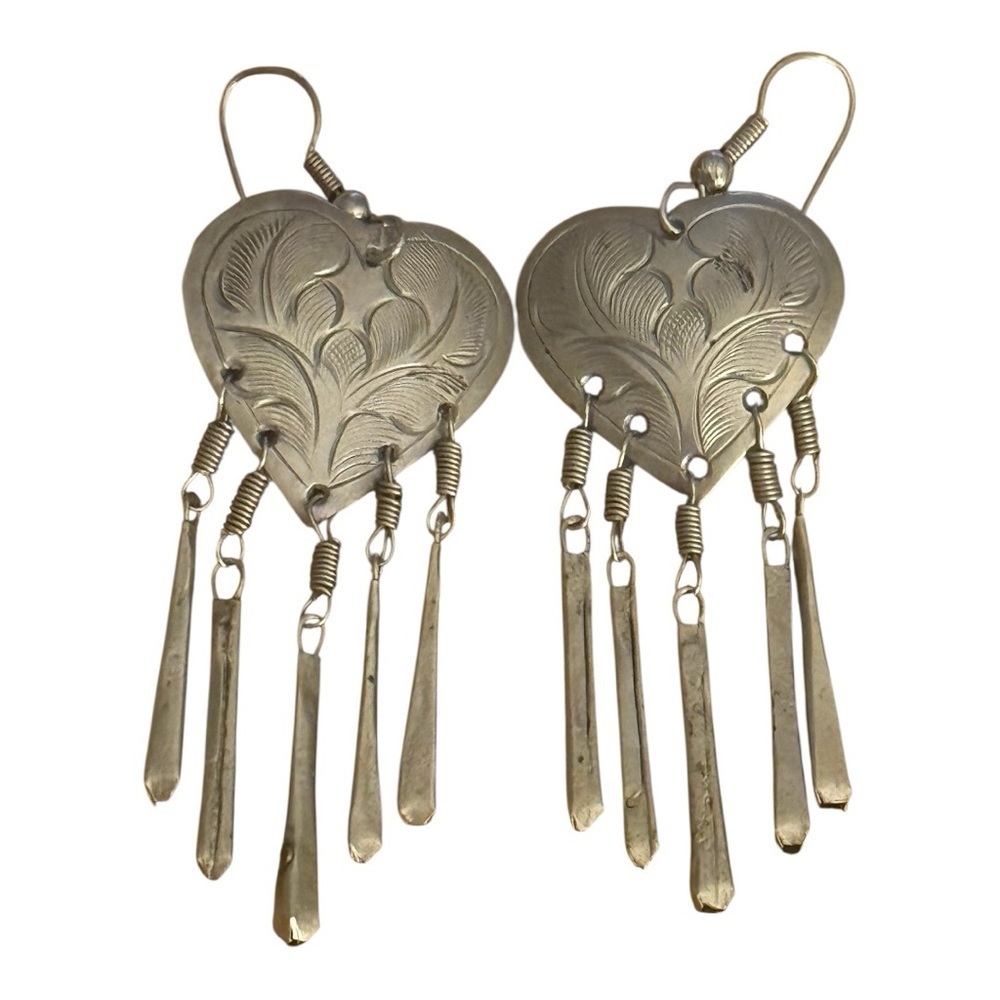 Vintage ATQ Etched Hearts Silver Earrings Dangle Jewelry Boho Bohemian Bar Party